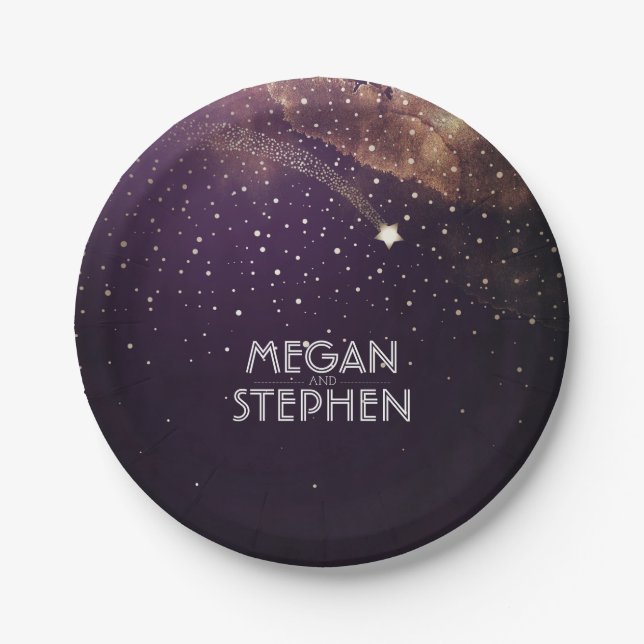 Plato De Papel Boda nocturno estrella del tiroteo de oro y ciruel (Anverso)