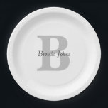 Plato De Papel Boda Nombre Monograma Baby Shower Blanco negro gri<br><div class="desc">Diseñado con plantillas de texto para el primer y el nombre monogramado que puede personalizar! Ideal para duchas de bebé,  cumpleaños,  duchas de novias y más!</div>