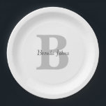 Plato De Papel Boda Nombre Monograma Baby Shower Blanco negro gri<br><div class="desc">Diseñado con plantillas de texto para el primer y el nombre monogramado que puede personalizar! Ideal para duchas de bebé,  cumpleaños,  duchas de novias y más!</div>