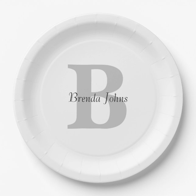 Plato De Papel Boda Nombre Monograma Baby Shower Blanco negro gri (Anverso)