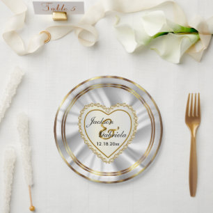 Plato De Papel Boda o aniversario blanco satinado de oro y oro