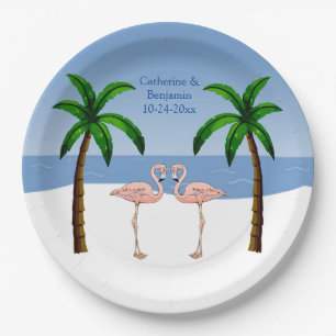 Plato De Papel Boda o compromiso Flamingos Beach Palm Trees