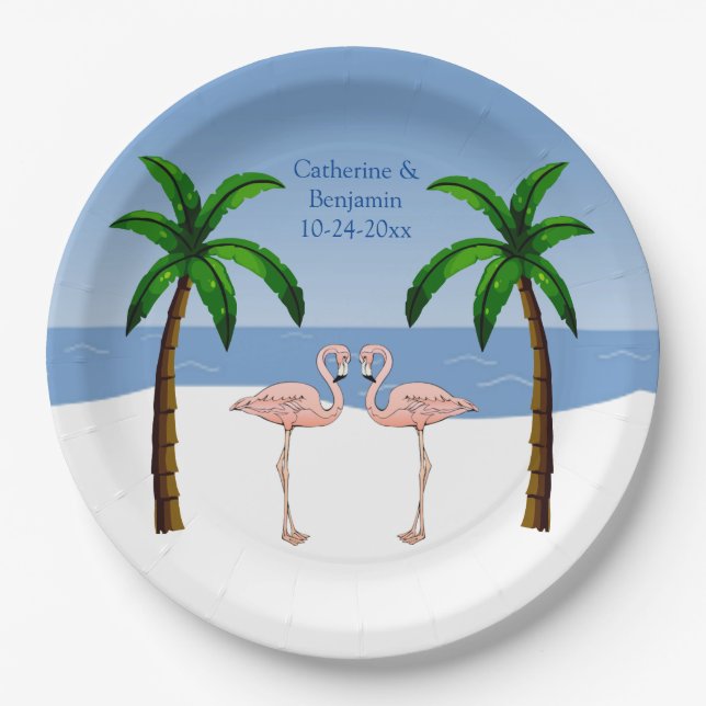 Plato De Papel Boda o compromiso Flamingos Beach Palm Trees (Anverso)