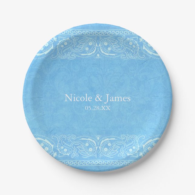 Plato De Papel Boda occidental del País Rústico Azul Paisley (Anverso)