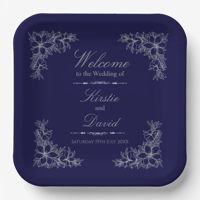 Plato De Papel Boda Ornate Floral Plateado (Anverso)