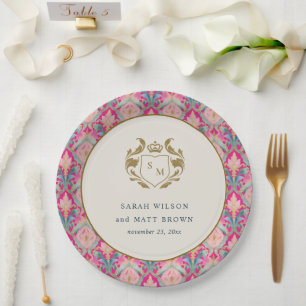 Plato De Papel Boda Ornate Hot Pink Gold Classy Floral Laurel