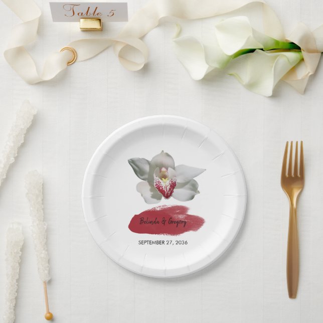 Plato De Papel Boda Orquídea Blanca de Borgoña (Boda)