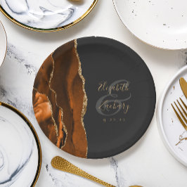 Plato De Papel Boda Oscura de Agata Naranja Quemada Dorada