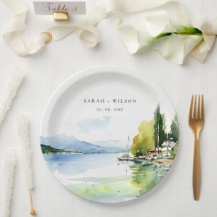 Plato De Papel Boda Paisaje Acuarela Lago de Ginebra Suiza