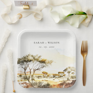 Plato De Papel Boda paisajista africano de acuarela de tierra apa