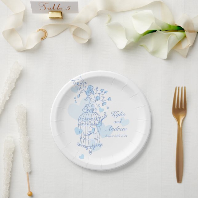 Plato De Papel Boda pájaros pájaros pájaros personalizado azul pl (Boda)