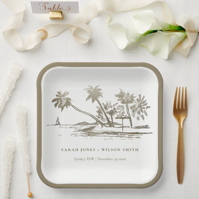Plato De Papel Boda Palm Tree Sketch Pale Gold (Boda)