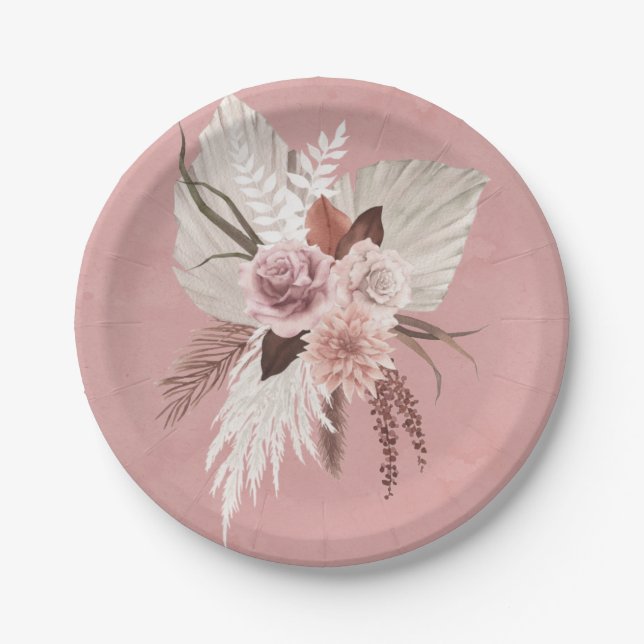 Plato De Papel Boda Pampas Tropical De Cobre Rosa (Anverso)