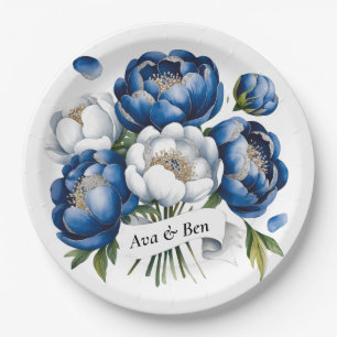 Plato De Papel Boda Peony Purpurinoso de Royal Blue y Silver