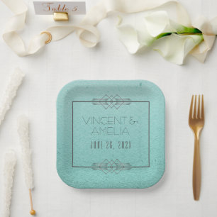 Plato De Papel Boda personalizada azul Art Deco minimalista