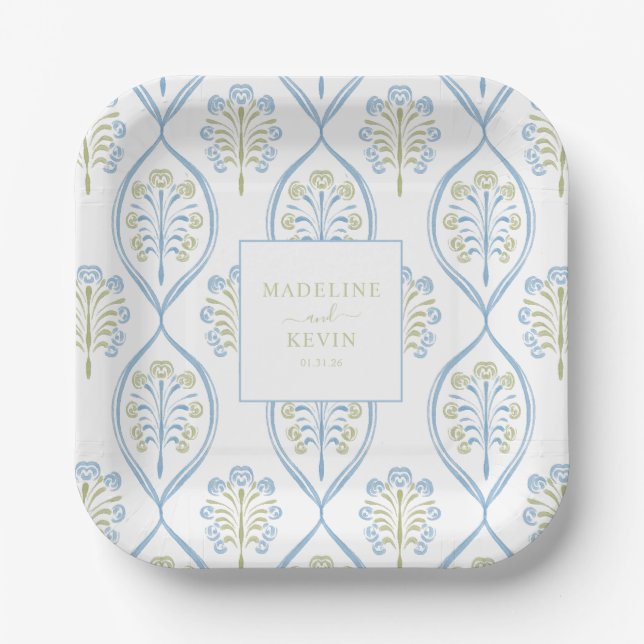 Plato De Papel Boda personalizada azul y verde (Anverso)