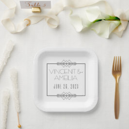 Plato De Papel Boda personalizada blanca en Art Deco minimalista
