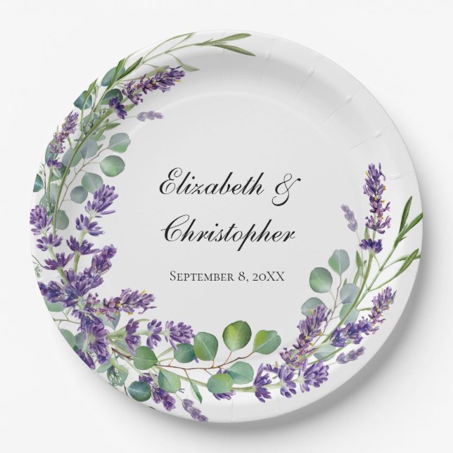 Plato De Papel Boda personalizada Boho Lavanda Eucalipto (Anverso)