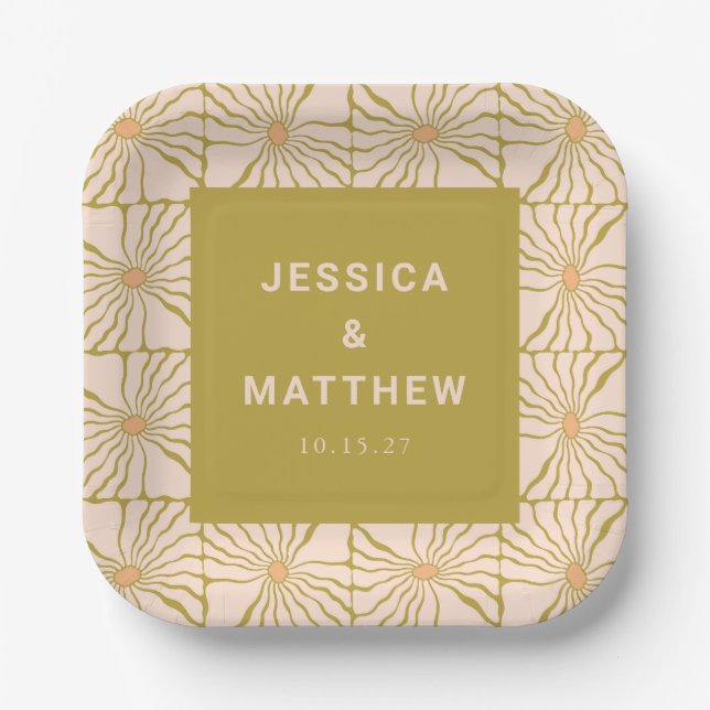 Plato De Papel Boda personalizada botánica Groovy Retro Chartreus (Anverso)