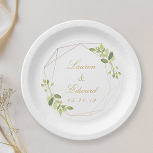 Plato De Papel Boda Personalizada con Vegetación Geométrica Moder