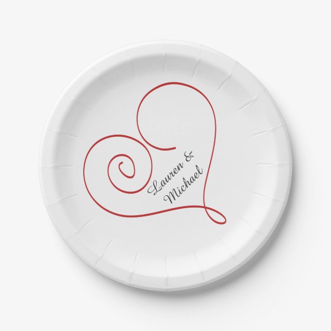 Plato De Papel Boda personalizada corazón rojo (Anverso)
