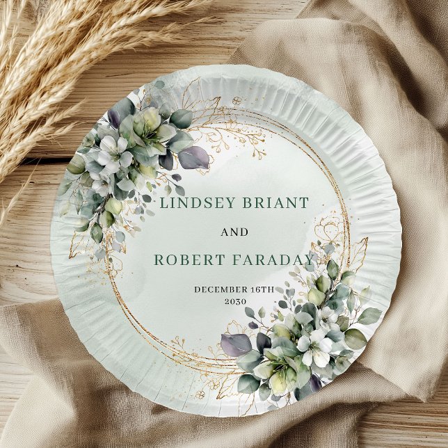 Plato De Papel Boda personalizada de acuarela boho con vegetación (Boho Watercolor Greenery Personalized Wedding Paper Plates)