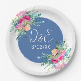 Plato De Papel Boda personalizada de capullo de rosa floral azul