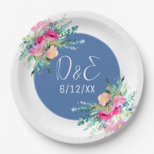 Plato De Papel Boda personalizada de capullo de rosa floral azul