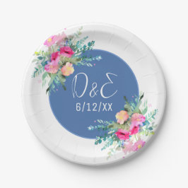 Plato De Papel Boda personalizada de capullo de rosa floral azul