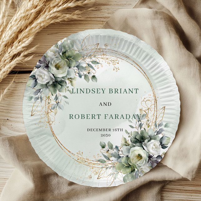 Plato De Papel Boda personalizada de eucalipto verde boho dorado  (Boho Green Gold Personalized Eucalyptus Wedding Plates)