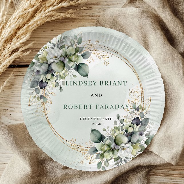 Plato De Papel Boda personalizada de eucalipto verde boho sage   (Boho Sage Green Personalized Eucalyptus Wedding Paper Plates)