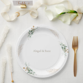 Plato De Papel Boda Personalizada de Foliaje Blanco y Dorado