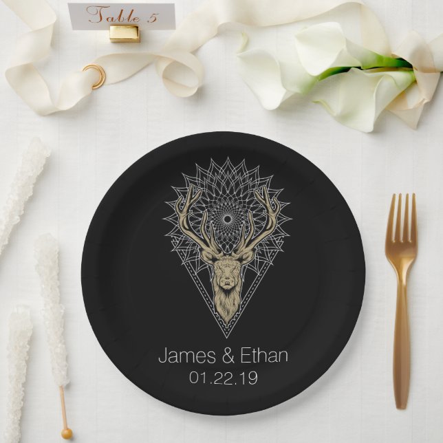 Plato De Papel Boda Personalizada Mandala de Ciervo (Boda)