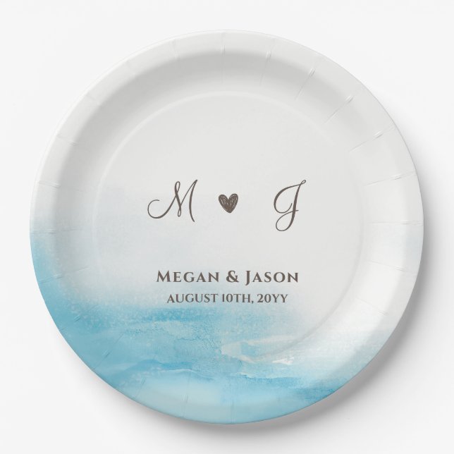Plato De Papel Boda personalizada Rustic Dusty Blue Monogrammed (Anverso)