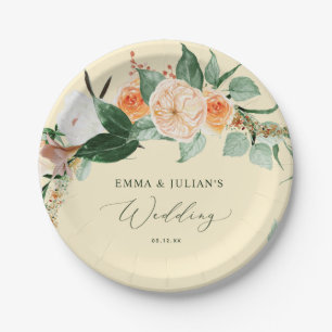 Plato De Papel Boda Personalizado Boho Floral Amarillo Botánico