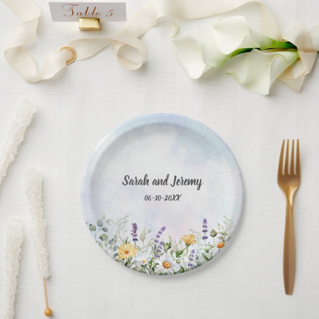 Plato De Papel Boda personalizado de Boho Wildflower Watercolor (Boda)