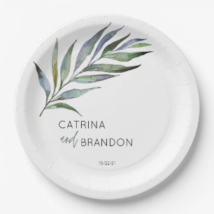 Plato De Papel Boda personalizado de color de agua de rama de oli