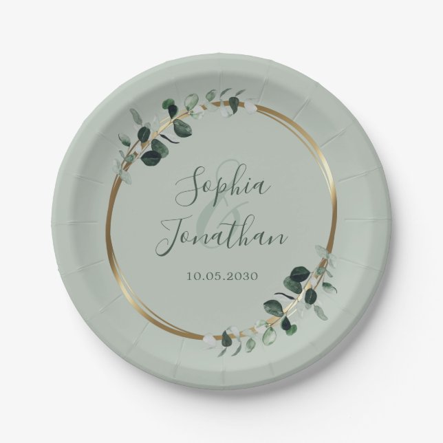 Plato De Papel Boda personalizado de Eucalyptus Greenery Gold Sag (Anverso)