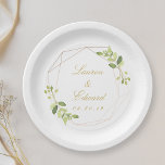 Plato De Papel Boda personalizado de la energía geométrica modern<br><div class="desc">Placas de papel boda de diseño personalizado con un diseño moderno y elegante de marco dorado geométrico y color de agua. Personaliza con los nombres de pareja/novia y novio y la fecha de boda. Perfecto para un jardín moderno,  primavera temática verde y bodas de verano.</div>