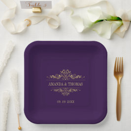 Plato De Papel Boda personalizado de marco elegante morado