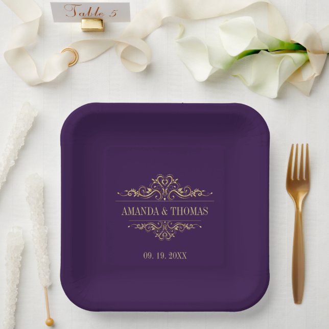 Plato De Papel Boda personalizado de marco elegante morado (Boda)