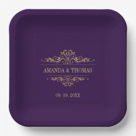 Plato De Papel Boda personalizado de marco elegante morado