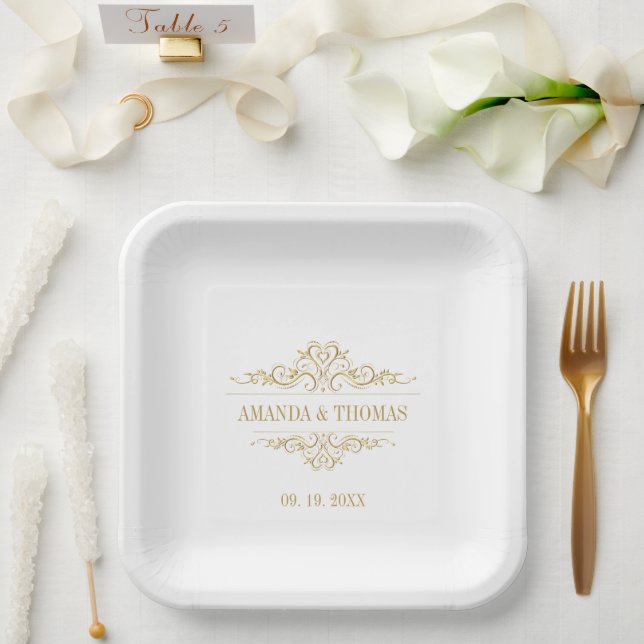 Plato De Papel Boda personalizado de marco elegante y blanco (Boda)