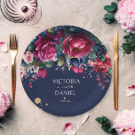 Plato De Papel Boda personalizado de rosas azul marino de color r<br><div class="desc">Flores burdeos azul marino rosas vintage boda placas de papel personalizadas.</div>