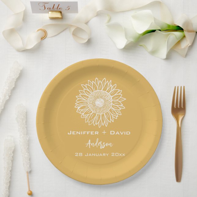 Plato De Papel Boda personalizado del esbozo de girasol amarillo (Boda)