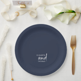 Plato De Papel Boda personalizado minimalista de Navy Blue