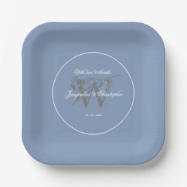 Plato De Papel Boda Polvo Azul Elegante Gris Monograma