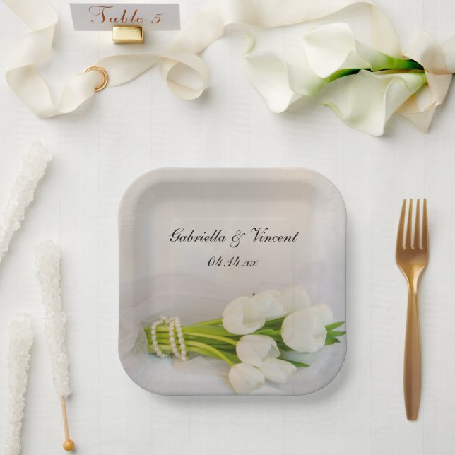 Plato De Papel Boda Primaria de Tulipanes Blancos (Boda)