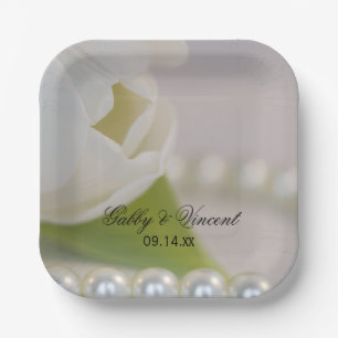 Plato De Papel Boda Primavera de Tulipanes Blancos y Perlas