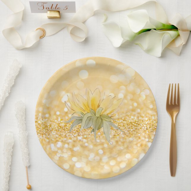 Plato De Papel Boda Purpurina de lujo Sunflower Gold (Boda)